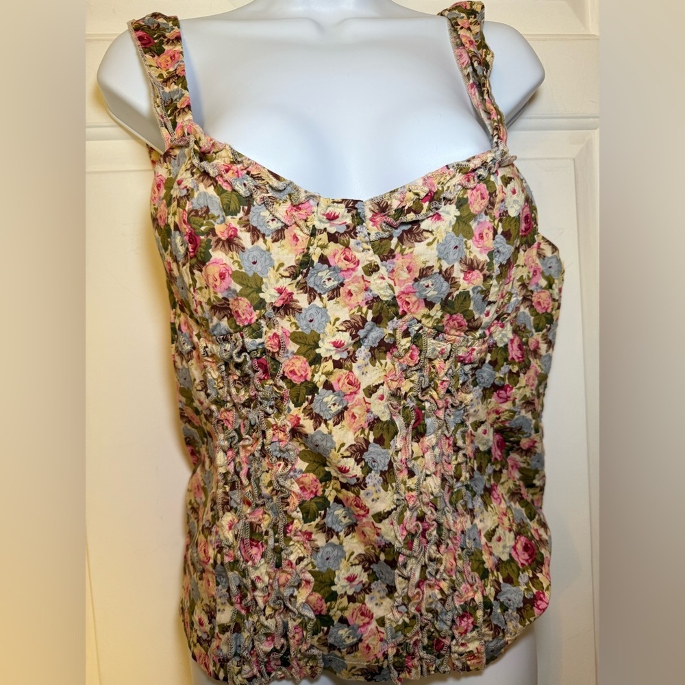 Billabong Last Kiss Floral Corset Style Tank Crop Top XL Stretch Boho Ruffles